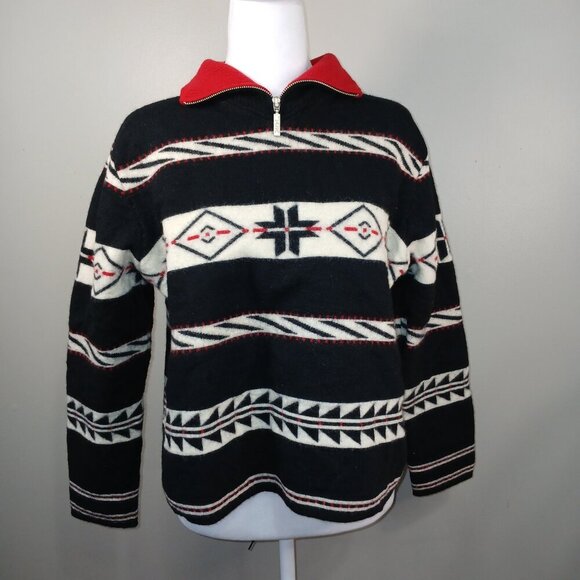 Jax Sweaters - 100% WOOL SWEATER JAX BRAND AZTEC DESIGN ZIP COLLAR BLACK AND RED SIZE XL